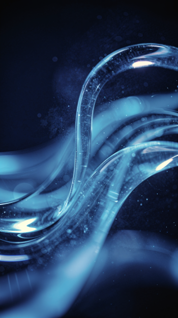 Vertical phone/iPhone wallpaper showing abstract translucent blue ribbons and glowing particles flowing over a dark, cosmic-like background.