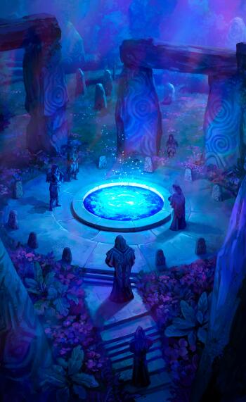 Blue fantasy forest phone wallpaper: hooded figures encircle a glowing portal pool amid standing stone monoliths in a moonlit ritual.