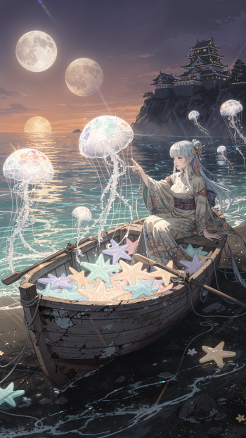 Anime beach iPhone wallpaper: a girl in a kimono sits in a rowboat of pastel starfish, reaching toward glowing jellyfish drifting over a moonlit sea beneath twin moons and a cliffside castle.