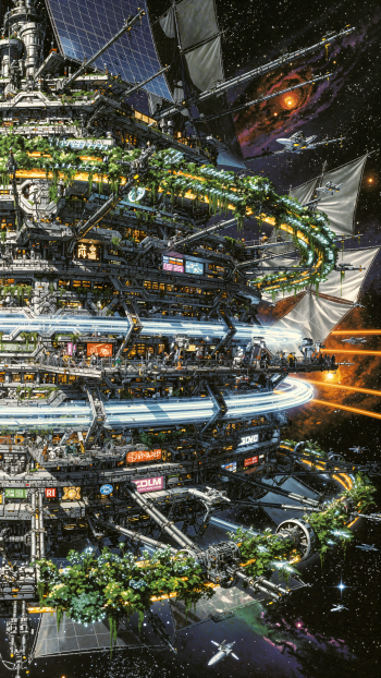 iPhone wallpaper showing a colossal megastructure — a ringed orbital city with green terraces, docking ports, solar sails and distant galaxies.