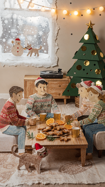 iPhone wallpaper of a cozy Christmas party: paper‑doll family sharing cookies and drinks by a decorated tree, string lights and a snowy window with a snowman and dog.