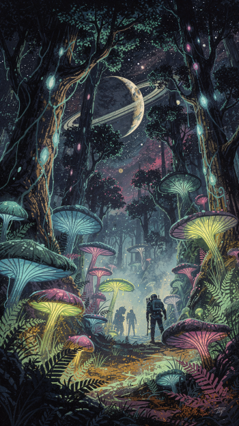 iPhone wallpaper: bioluminescent forest with glowing mushrooms and trees, silhouetted explorers walking a path under a ringed moon and star-filled sky.
