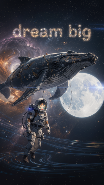 iPhone wallpaper: an astronaut drifts through starry space beneath glowing dream big letters as a colossal cosmic whale swims past a luminous full moon.