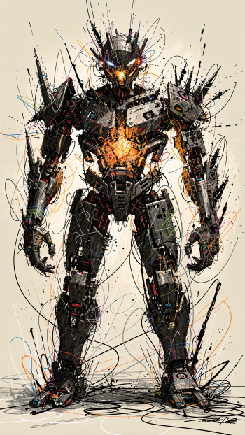 Ink-splattered robotic organism standing tall with exposed wiring, glowing chest core and horned helmet — bold, high-contrast phone/iPhone wallpaper.