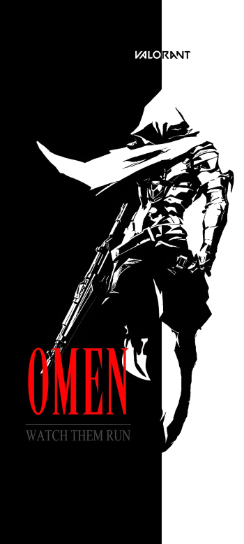 Black-and-white iPhone wallpaper of video game Valorant's agent Omen holding a rifle against a split dark/light background; red OMEN title, VALORANT logo and Watch Them Run tagline.
