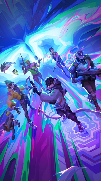 Valorant video game phone wallpaper: several agents in dynamic poses leaping through neon portals amid purple, blue and green streaks and geometric patterns.
