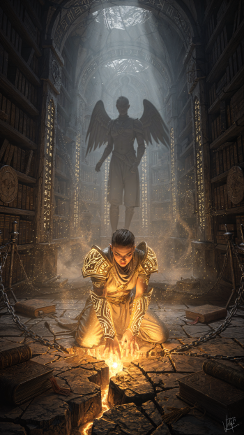 iPhone wallpaper: a kneeling cleric in ornate armor channels a golden light from cracked stone in a towering library, while an imposing angelic shadow stands behind.