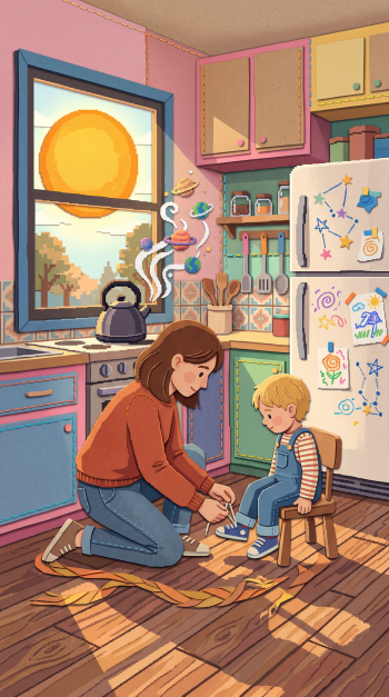 Phone/iPhone wallpaper showing a parent kneeling to tie a young child's shoe in a sunlit, colorful kitchen with a steaming kettle and children's drawings on the fridge.