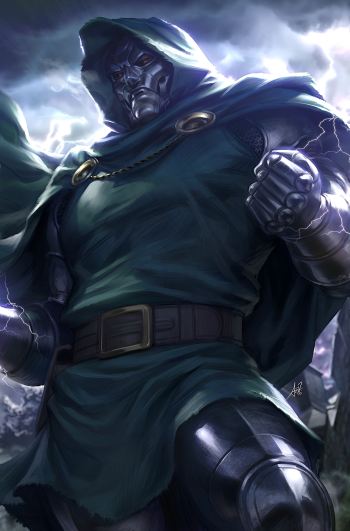 Phone/iPhone wallpaper of Doctor Doom from Marvel Comics' movie Avengers: Doomsday — hooded, armored Doom looming with clenched fist amid lightning and stormy skies.