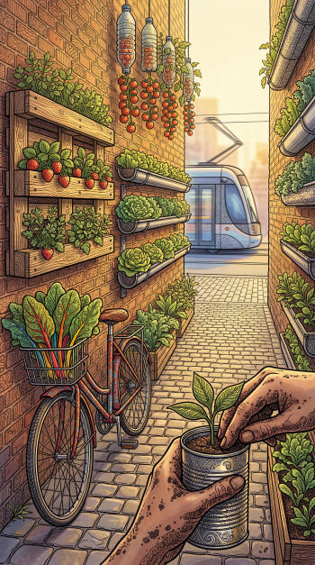 iPhone wallpaper: urban gardening alley—brick walls lined with vertical planters, hanging tomatoes, bike and tram in distance; hands planting a seedling in a tin can.