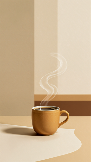 iPhone wallpaper: minimalist steaming coffee cup on a beige and brown geometric background.