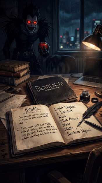 Death Note iPhone wallpaper: open notebook with rules on a desk, ink and pen, lamp glowing; Ryuk looms in shadow holding a red apple by a rainy city skyline.
