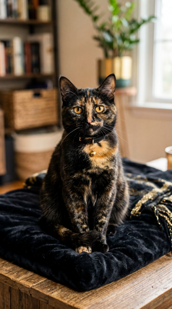 iPhone wallpaper pet portrait: tortoiseshell cat with amber eyes sitting on a black plush blanket in a sunlit, cozy living room.