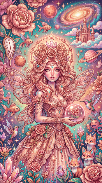 Rose gold fantasy iPhone wallpaper: ornate fairy queen in a jeweled gown holds a glowing rose orb, surrounded by roses, foxes, hummingbirds, planets, a castle and a swirling galaxy.