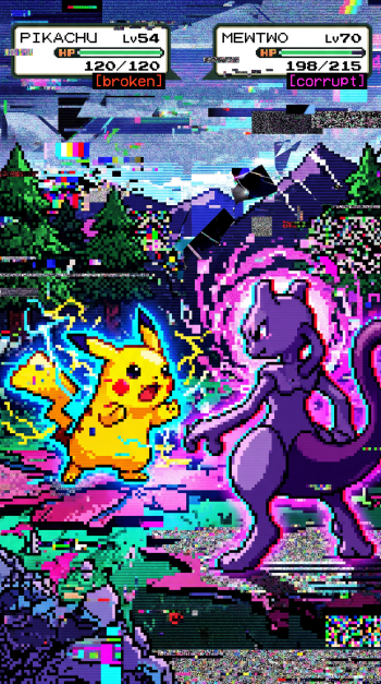 Glitch-art Pokémon iPhone wallpaper: pixelated Pikachu and Mewtwo clash in neon, corrupted battle screen with HP bars and status labels 'broken' and 'corrupt' amid static.