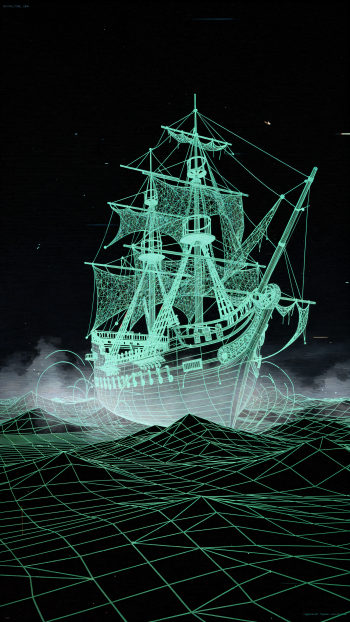 Vertical iPhone wallpaper: neon-green wireframe phantom ship rising above a grid sea against a dark sky.