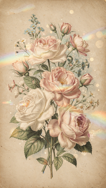 Vintage floral iPhone wallpaper: bouquet of pale pink and white roses with buds and tiny blue blooms on aged sepia paper, faint rainbow light flares.
