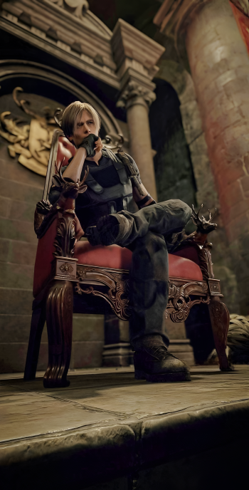 Phone wallpaper of Leon S. Kennedy (Resident Evil 4): seated on an ornate throne in a dim gothic hall, wearing tactical gear and striking a brooding pose.