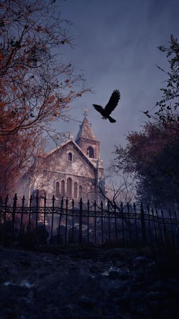 iPhone wallpaper from the video game Resident Evil 4: moonlit, overgrown church beyond an iron fence, crow in flight amid twisted trees and drifting fog.