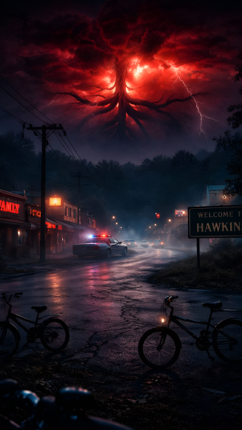 iPhone wallpaper of rainy Hawkins at night — bikes and police lights in the foreground, a red tentacled Upside Down cloud and lightning; TV show Stranger Things.