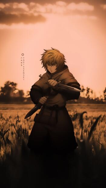 iPhone wallpaper of Thorfinn (Vinland Saga): anime-style dusk scene, standing in a field clutching two knives, determined expression under an orange sky.
