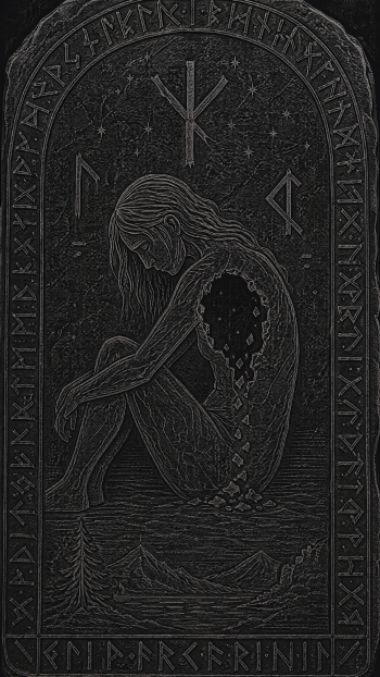 Dark iPhone wallpaper: carved monochrome illustration of a seated woman with a crumbling, hollow torso, framed by runes and a mountain landscape, tagged empty inside.