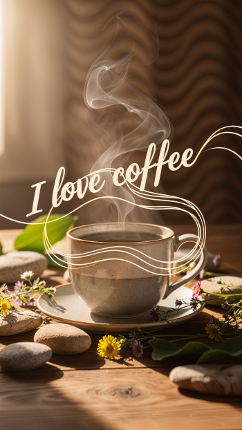 Phone wallpaper: steaming cup of coffee on a saucer with flowers and pebbles, warm sunlight and white script reading I love coffee.