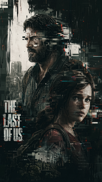 iPhone wallpaper: The Last Of Us poster-style, glitchy portrait of Joel and Ellie with a decayed city skyline in a dark, moody palette.