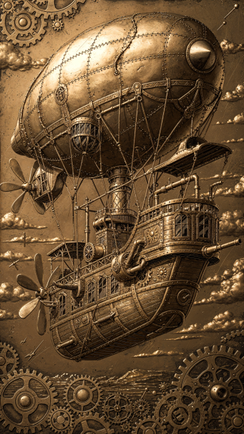 Steampunk airship in bronze tones with gears and propellers, floating amid clouds — vertical iPhone wallpaper.