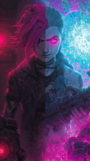 Arcane phone wallpaper: split neon portrait of Jinx and Vi, one side pink, the other cyan, glowing eyes and weapons, explosive energy tearing between them.