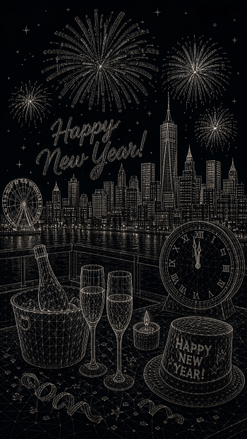 iPhone wallpaper: glittering New Year's Eve skyline with fireworks and Happy New Year! script, champagne and glasses on a railing, clock striking midnight, festive mood.