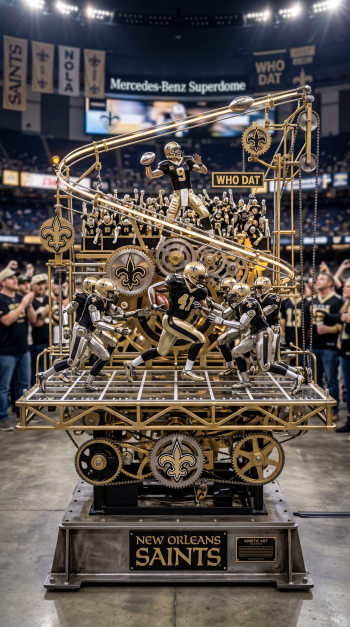 Gold-and-black New Orleans Saints mechanical sculpture of players and fleur-de-lis with Who Dat signage in the Mercedes‑Benz Superdome, styled as an iPhone wallpaper.