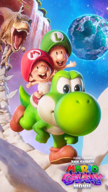 Phone/iPhone wallpaper: Super Mario Galaxy movie art showing baby Mario and baby Luigi riding Yoshi past a cliff toward a glowing planet, a roaring dinosaur at left and the film logo at bottom.