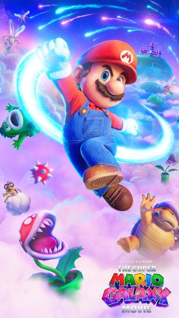 Vibrant Super Mario Galaxy iPhone wallpaper: Mario flying through cosmic clouds with a glowing star trail, Piranha Plant, enemies and a distant castle.