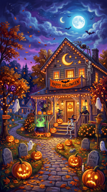 iPhone wallpaper of a festive Halloween house with a Happy Halloween banner, glowing jack-o'-lanterns, ghosts, a skeleton, tombstones, a bubbling cauldron, bats and a full moon.