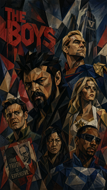 Phone wallpaper: geometric poster art for The Boys (2019) showing faceted portraits of Homelander, Billy Butcher, Starlight, A-Train and the Vought tower.