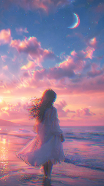 Dreamy iPhone wallpaper: a lone figure in a flowing dress stands at a pastel shoreline beneath a crescent moon and pink clouds, soft light reflecting on the wet sand.