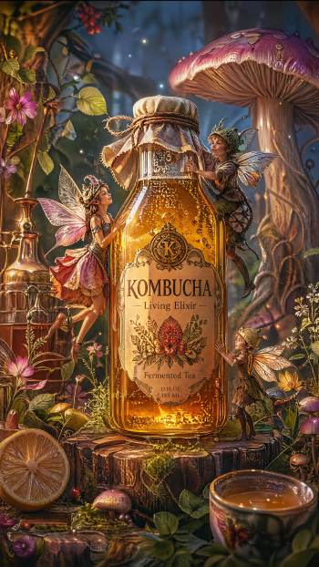 iPhone wallpaper of a glowing kombucha bottle labeled Kombucha Living Elixir, surrounded by fairies, mushrooms, a lemon slice and enchanted forest flora.
