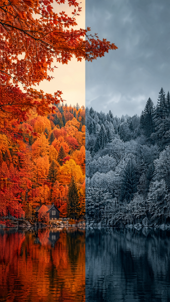 Vertical iPhone wallpaper showing split-scene fall foliage: left side vibrant red-orange forest and lakeside cabin reflected in water, right side cool desaturated blue-gray version of the same scene.