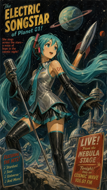 iPhone wallpaper: Retro sci-fi poster of Hatsune Miku singing in space, microphone in hand, rocket and planet backdrop with neon lettering and vintage concert signage.