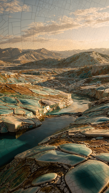 Vertical iPhone wallpaper of a dramatic landscape: cracked rocky terraces with turquoise pools and a winding river beneath a warm golden sky.