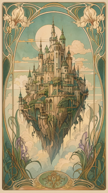 Art Nouveau iPhone wallpaper of a majestic floating castle on a rocky island, spires and bridges rising through clouds beneath a pale sun, framed by ornate teal-and-gold floral borders.