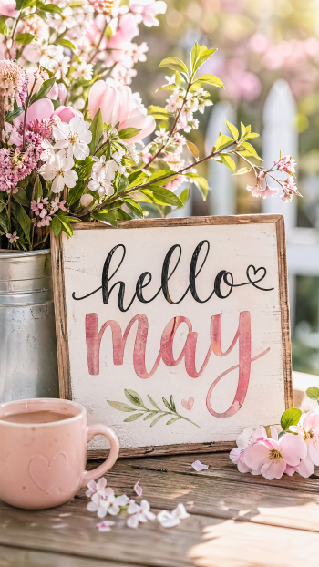 iPhone wallpaper showing a rustic sign reading hello may, surrounded by pink spring blossoms, a mug and soft sunlit bokeh.