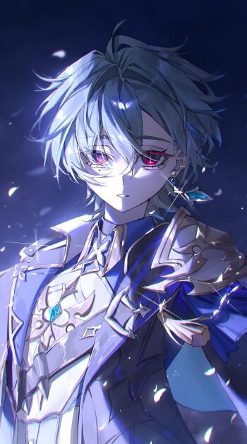 Vertical phone wallpaper of Lohen from the video game Genshin Impact: anime-style boy with silver hair, one red and one purple eye, ornate blue armor and drifting petals.