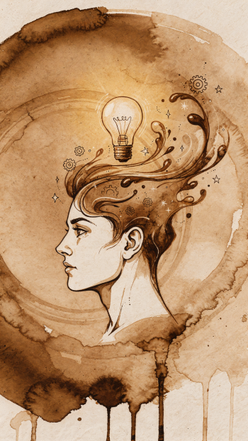 Idea iPhone wallpaper: sepia watercolor profile portrait with hair flowing into gears, stars and a glowing lightbulb above the head.