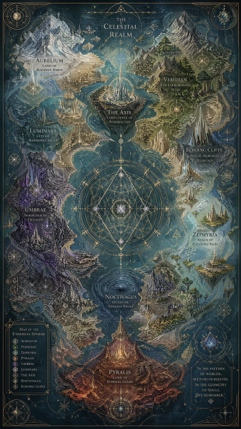 Vertical iPhone wallpaper of an ornate fantasy map titled The Celestial Realm, with labeled continents, floating islands and a glowing central geometric axis amid mountains, seas and compass roses.