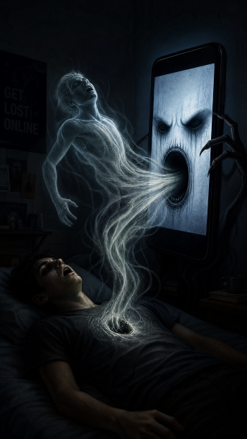 Dark iPhone wallpaper: a monstrous smartphone with a gaping mouth draws a ghostly soul from a sleeping person's chest, a chilling portrayal of phone addiction.