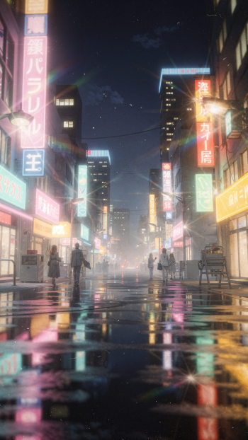 Vertical anime night cityscape: neon-lit street with rain-slick reflections and silhouetted pedestrians under a starry sky — phone/iPhone wallpaper.