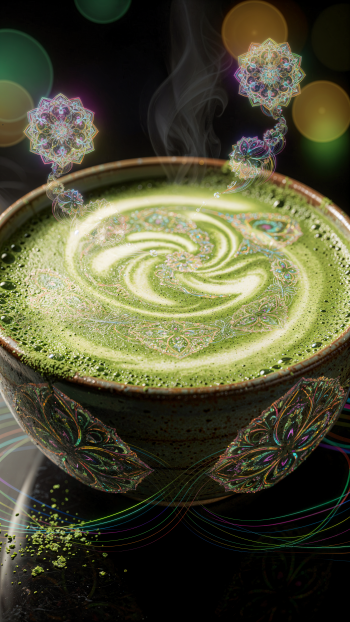 iPhone wallpaper of steaming matcha latte in an ornate bowl, swirling milk art with glowing mandala motifs rising like smoke over a dark reflective background