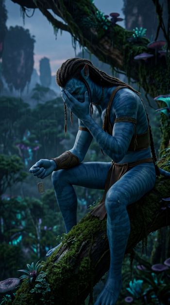 Avatar phone wallpaper: a blue Na'vi sits on a mossy tree branch in the rain, face in hand while clutching dog tags, surrounded by a bioluminescent jungle at dusk.